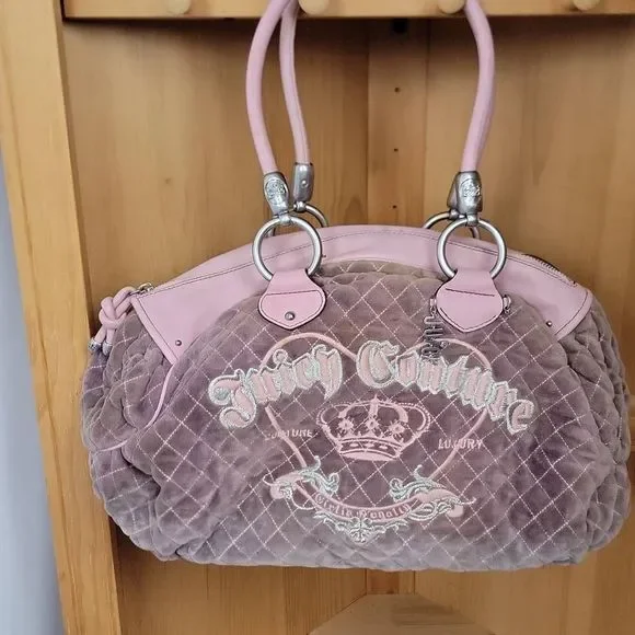 Vintage Rare Y2K Juicy Couture Purple Pink Quilted Velour Charm Bag - Picture 11 of 12